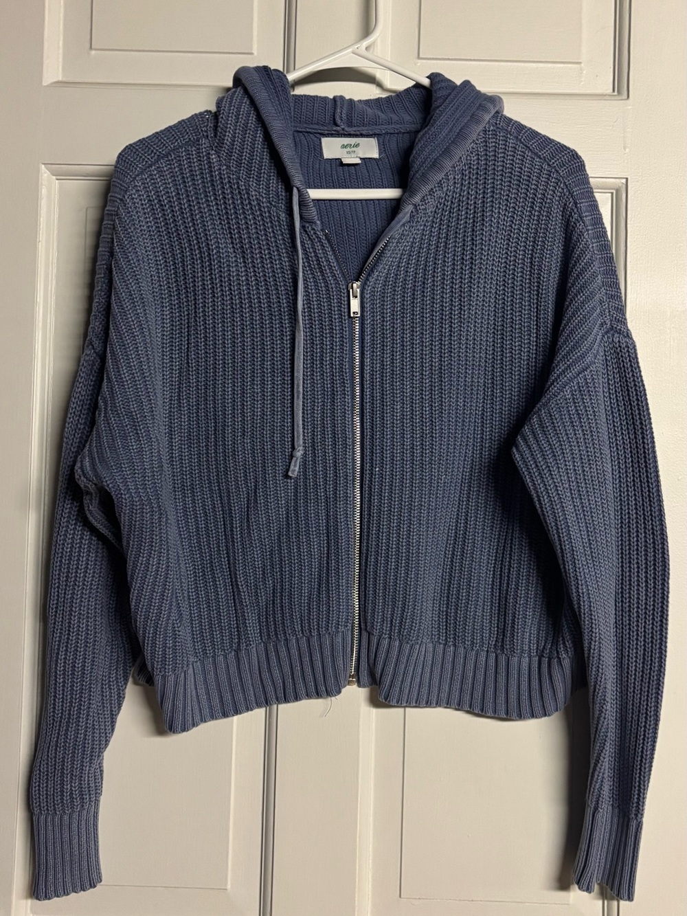aerie Dusty Blue Zip Hoodie Chunky Knit Sweater